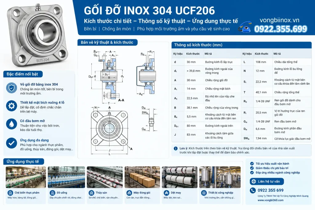 Bản vẽ kích thước và thông số kỹ thuật gối đỡ inox 304 UCF206 trục 30mm